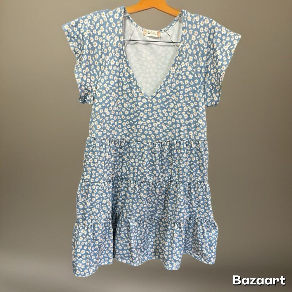 Altar'd State Blue Daisy Floral Tiered V-Neck Dress Women's Size M Blue BabyDoll